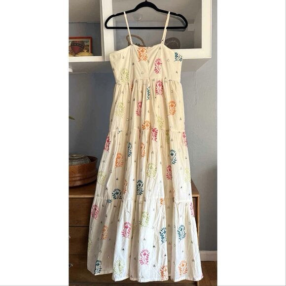Holichic by Megha Rao Soraya Floral Embroidered Cotton Maxi Dress Ivory Sz S - Picture 4 of 9